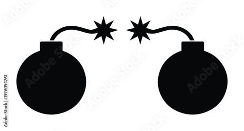 Minimalist black bomb icons with burning fuses, set of two spherical explosive vector silhouettes, simple weapon symbols for gaming and warning signs