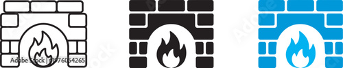 Fireplace with bricks icon, home fire hearth symbol, burning flame heat, chimney sign, warm house indoor heating vector illustration