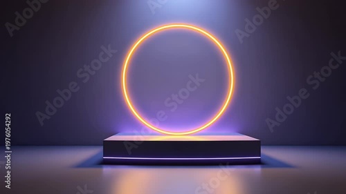 Abstract futuristic animation of empty stage with glowing neon ring, ideal for product showcases or virtual event backdrops, modern purple and blue light illuminating scene.
