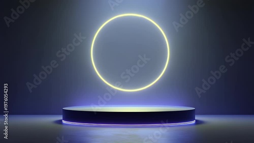 Abstract product display podium with glowing ring light in dark studio, minimal futuristic pedestal for showcase, stage for product presentation, blank space for text, smooth motion background clip.