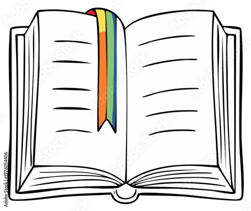 Open Book Illustration with Colorful Bookmark, Reading, Studying, Education, and Learning.