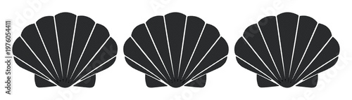 Minimalist seashell silhouette icons, black scallop shell vector set, nautical beach elements