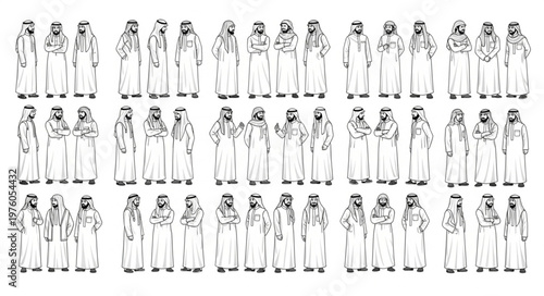 Group of Arab men in traditional attire standing together in a line.