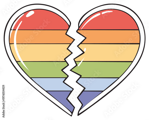 Rainbow heart with jagged crack symbolizing heartbreak and LGBTQ support concept