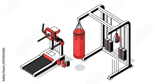 Isometric Home Gym Setup with Treadmill, Punching Bag, and Weight Rack.