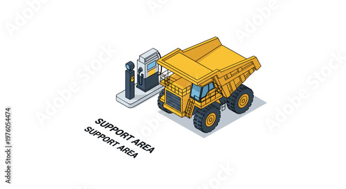 Isometric illustration of a large dump truck refueling at a gas station.