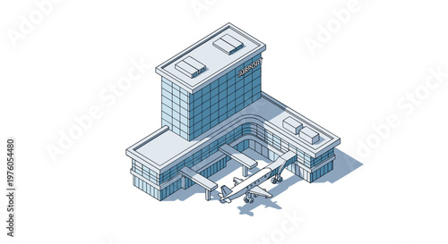 Isometric illustration of a modern airport terminal building with an airplane.