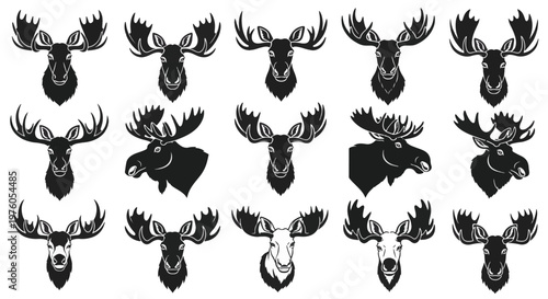 Set of moose heads with big antlers, collection of black and white deer mascots and emblem icons, vector illustration