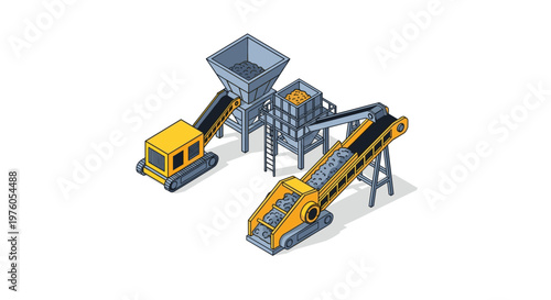 Isometric illustration of a mobile crushing and screening plant for mining and construction.