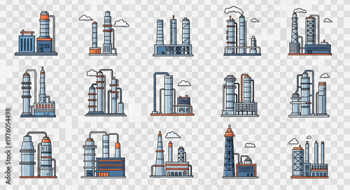 Collection of Industrial Buildings and Factories in Vector Style.