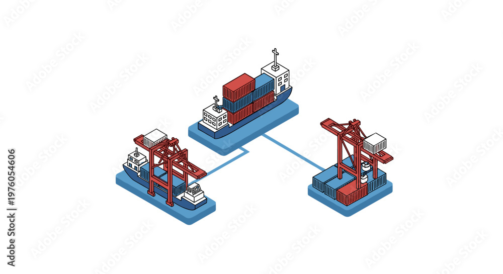 Naklejka premium Isometric illustration of cargo ships and port cranes for global logistics.