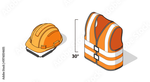 Isometric illustration of an orange hard hat and a high visibility vest, essential safety gear for construction and industrial work.