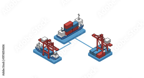 Isometric illustration of cargo ships and port cranes for global logistics.