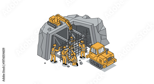 Isometric illustration of miners working in a mine with heavy machinery.