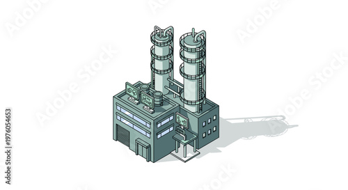 Isometric Industrial Power Plant with Two Smokestacks.