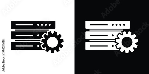 Technical icon featuring server rack units and a gear symbol. Ideal for web hosting settings, hardware maintenance, infrastructure configuration, and IT backend management services.