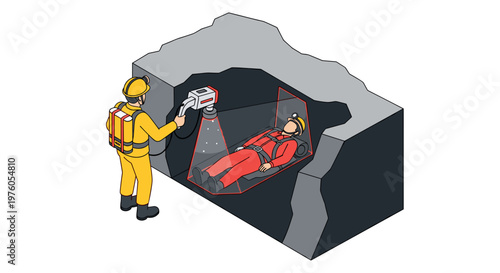 Rescue worker discovers trapped person in collapsed mine shaft.