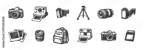 Collection of hand-drawn vintage photography equipment and supplies. Vector