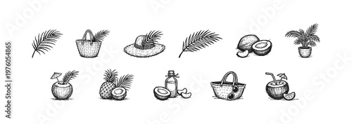 Tropical summer vacation elements in a hand-drawn sketch style. Vector