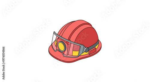 Red Hard Hat with Headlamp and Goggles Safety Equipment.