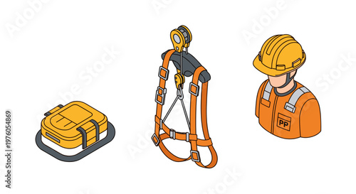 Safety equipment for construction workers including hard hat and harness.