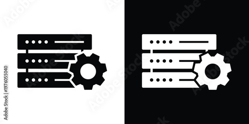 Technical icon featuring server rack units and a gear symbol. Ideal for web hosting settings, hardware maintenance, infrastructure configuration, and IT backend management services.