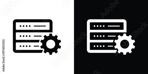 Technical icon featuring server rack units and a gear symbol. Ideal for web hosting settings, hardware maintenance, infrastructure configuration, and IT backend management services.