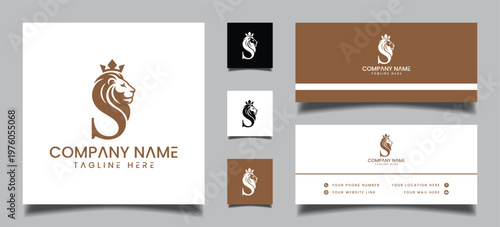 Business branding set with lion logo on various stationery items with grey background
