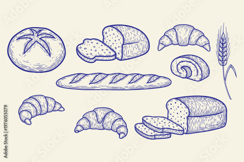 Minimalist Woodcut Bread and Bakery Illustration Collection, Rustic Hand-Drawn Croissant and Wheat Stalks Sketchy Stamp Style on Isolated Background