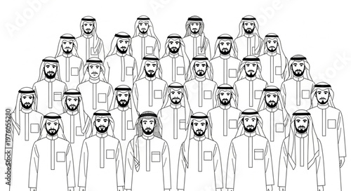 Group of Arab men in traditional attire, standing together.