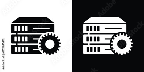 Technical icon featuring server rack units and a gear symbol. Ideal for web hosting settings, hardware maintenance, infrastructure configuration, and IT backend management services.