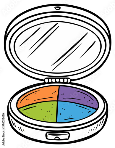 Cartoon makeup compact with mirror, open with colorful eye shadow