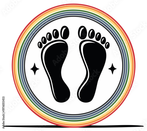 Rainbow circle surrounds black footprints with sparkling stars symbolizing peace and individuality