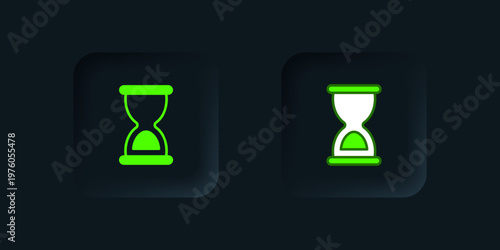 Green Old hourglass with flowing sand icon isolated on black background. Sand clock sign. Business and time management concept. Black square button. Vector