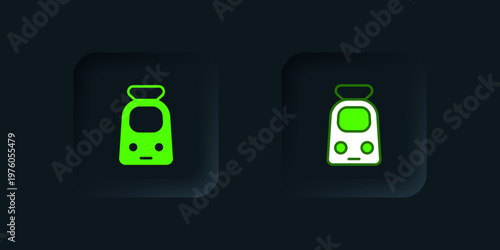 Green Train and railway icon isolated on black background. Public transportation symbol. Subway train transport. Metro underground. Black square button. Vector