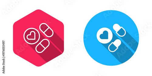 Filled and outline Medicine pill or tablet icon isolated with long shadow background. Capsule pill and drug sign. Pharmacy design. Vector