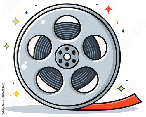 Movie Film Reel Icon with Red Filmstrip, silver vintage cinema industry equipment, cartoon clip art drawing with sparkle details