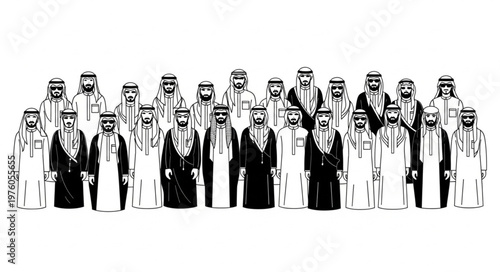 Group of Arab men in traditional attire standing together.