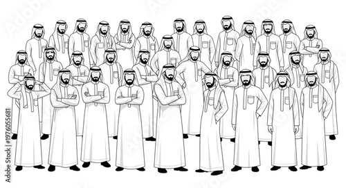 Group of Arab men in traditional attire standing together.