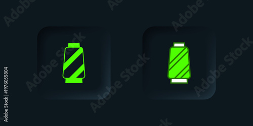 Green Sewing thread on spool icon isolated on black background. Yarn spool. Thread bobbin. Black square button. Vector