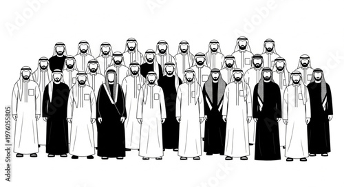 Group of Arab men in traditional attire standing together.