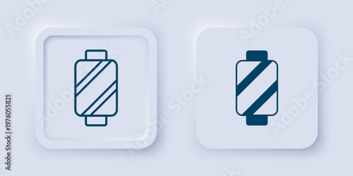 Filled and outline Sewing thread on spool icon isolated on grey background. Yarn spool. Thread bobbin. Square button. Vector