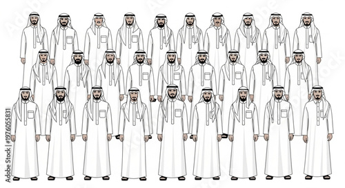 Group of Arab men in traditional attire standing together.