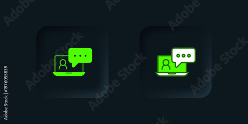 Green Video chat conference icon isolated on black background. Online meeting work form home. Remote project management. Black square button. Vector
