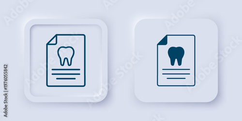 Filled and outline Clipboard with dental card or patient medical records icon isolated on grey background. Dental insurance. Dental clinic report. Square button. Vector