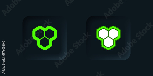 Green Honeycomb icon isolated on black background. Honey cells symbol. Sweet natural food. Black square button. Vector