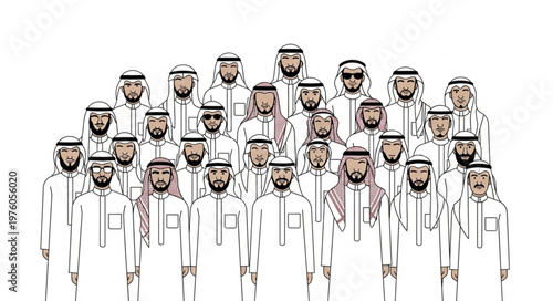 Group of Arab men in traditional attire, standing together.