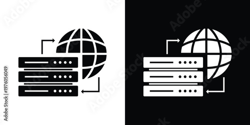 Icon showing network servers connected to a globe with directional arrows. Represents global data transfer, international web hosting, worldwide connectivity, and cloud networking.