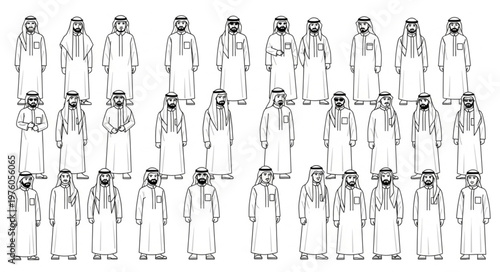 Group of Arab men in traditional attire standing together.