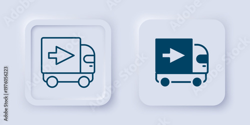 Filled and outline Delivery cargo truck vehicle icon isolated on grey background. Square button. Vector